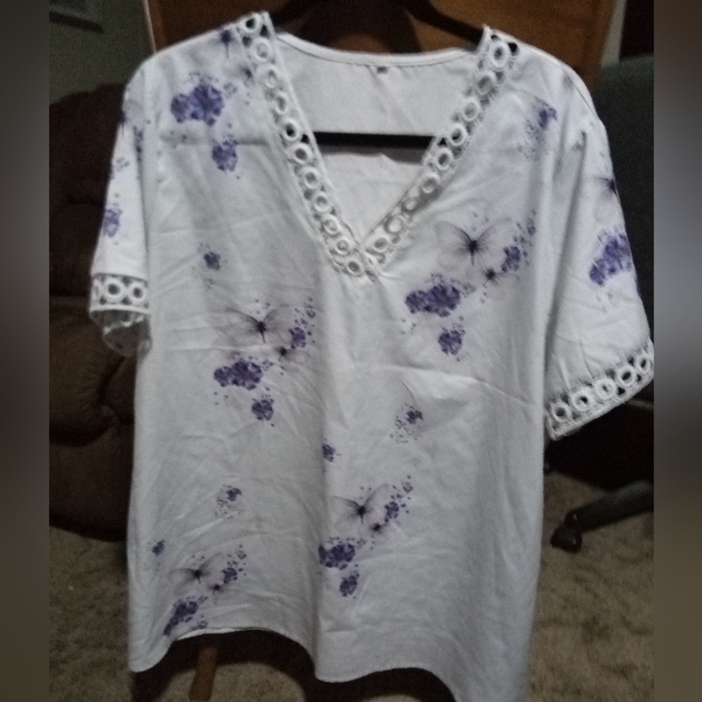 White and Purple Women's Top with Lace Trim